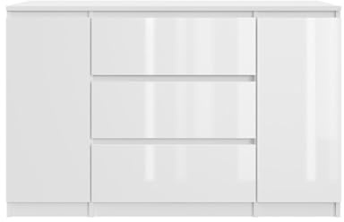 SoDREAMER Kommode 2 Türen 3 Schubladen 120 cm| Weiß - glänzende Vorderseite Ideal für Schlafzimmer, Wohnzimmer, Kinderzimmer und Büro | Große geräumige Kommode | 120x75x40 cm