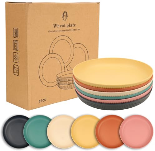 ZHLIMY Lot de 6 assiettes creuses en plastique - 23 cm - Multicolores - Réutilisables - Pour l'extérieur et la maison - Jaune/orange/bleu foncé/vert foncé/beige/rose