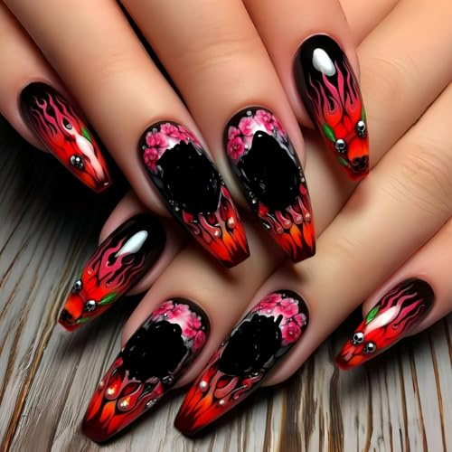 Halloween Press on Nails Medium Coffin Fake Nails with Flower Skeleton Design Red Flame False Nails Glossy Pink Rose Stick on Nails Reusable Full Cover Holiday Glue on Nail for Women Manicure 24Pcs