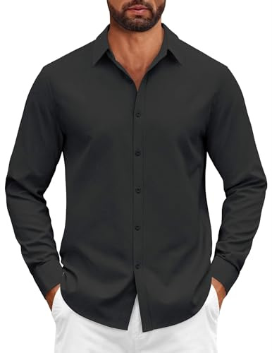 COOFANDY Chemises Homme Manches Longues Boutonnées en Coton pour Costume d'affaires Noir XXL