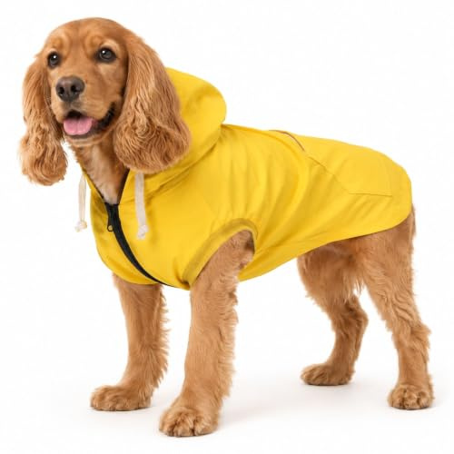 Dog raincoat rain jacket dogs waterproof fit for small medium breeds zipper closure pocket storage in cold day - Yellow - M