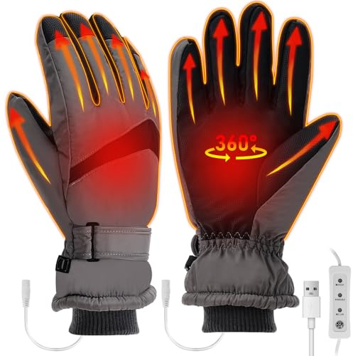 Bestcool Guantes calefactables USB para Hombres Mujeres, Guantes de esquí calefactables con Pantalla táctil a Prueba de Agua y Viento para Ciclismo Senderismo y Deportes al Aire Libre(Gris