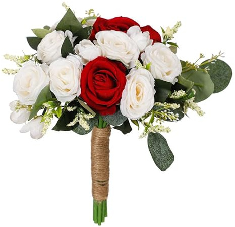 JinweiS Bouquet da sposa per damigella d'onore, rose color champagne, fiori artificiali rossi, bouquet per feste di nozze, decorazione per chiesa