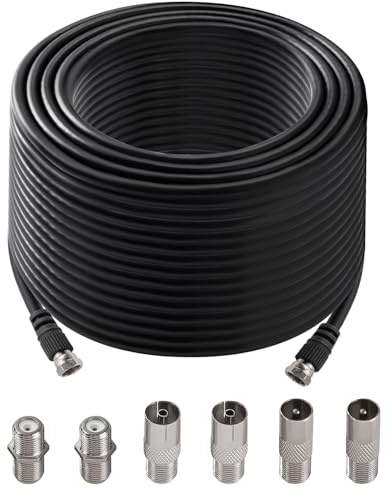 KUOQIY 15m 75 Ohm RG6 Koaxialkabel, F Hane till F Hane Höghastighets RG6 TV-Antennkabel, med 6 ST Förlängningskopplingar, för Kabelbox, TV, Satellit, Digital Router, Svart