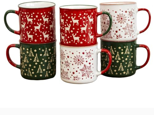Darthome Set of 6 Extra Large Stoneware Christmas Mugs 540ml Xmas Patterned Coffee Cups