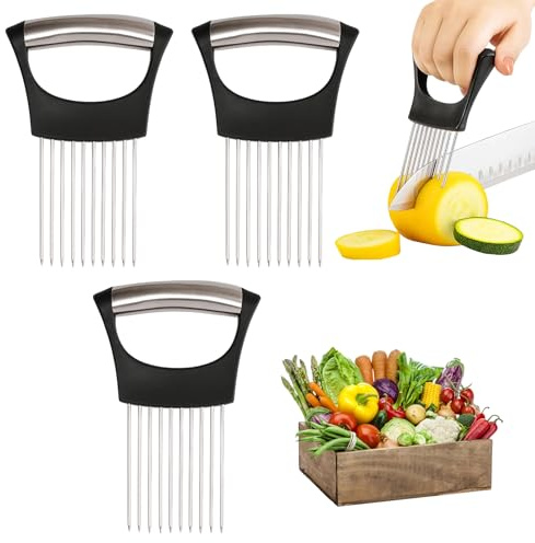 Onion Slicer and Vegetable Chopper, 3-Piece Kitchen Gadgets Set for Onion Holder and Fruit Slicer, Includes Crinkle Cutter and Mandoline Vegetable Slicer, 14 x 9.5 cm
