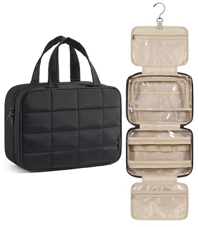 BAGSMART Kulturtasche Damen Reise Kulturbeutel zum Aufhängen Schwarz | Wasserdicht, Puffy, 28x72cm ausgerollt, Polyester, 360-Grad-Drehgelenk, Zwei-Wege-Reißverschlus, Waschbeutel für Reise
