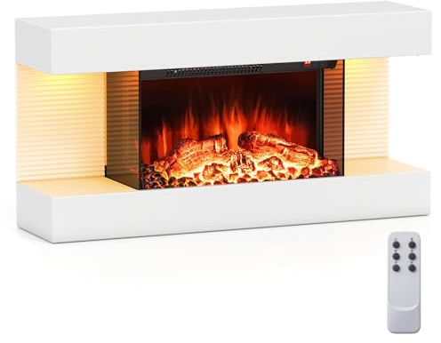 GOPLUS Chimenea Eléctrica, Empotrada en la Pared con Llama Regulable de 12 Colores y Luz Ambiental, Calefactor de 750/1500W, Temporizador y Control Remoto, 82 x 20,6 x 41,8 cm