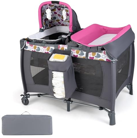 LIFEZEAL 5-in-1 Reisebett für Babys, Babybett mit Wickeltisch & Matratze, Kinderreisebett mit Rollen, Tragetasche, Babywiege, Spieluhr, für Kleinkind bis 36 Monaten (Grau + Rotrosa)