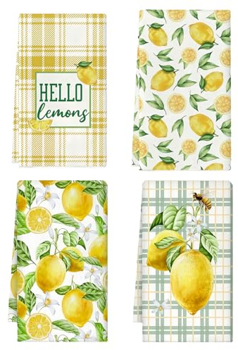 4 Stück Geschirrtücher Zitronen Deko Frühling Sommer 40x60cm, Zitrone Deko Küchentücher Set, Deko Zitronen Baumwolltücher für Küche, Saugfähige Geschirrtücher Frühling Summer Dekoration für Haushalt