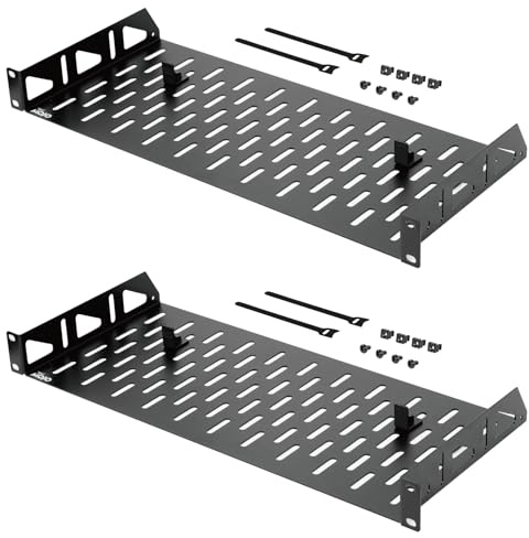 Tecmojo 19 Zoll 1HE 203mm Tief Fachboden zum Festeinbau, Befestigung Vorne, mit Anti-Rutsch-Stoppern, Belüftetes Server- und Netzwerk-Rack-Einbauregal, 25kg Traglast, 2 Stück, Schwarz