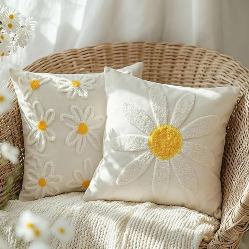 GEEORY 2-Pack 18x18 Inch Spring Summer Daisy Embroidered Canvas Throw Pillow Covers, Farmhouse Cotton Cushion Cases for Sofa Bed Living Room Home Decor