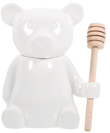SHINEOFI Pot à Miel pour Conserver le Miel en Céramique Blanc avec Bâtonnet en Bois Bocal de Rangement la Cuisine D'ours Cartoon