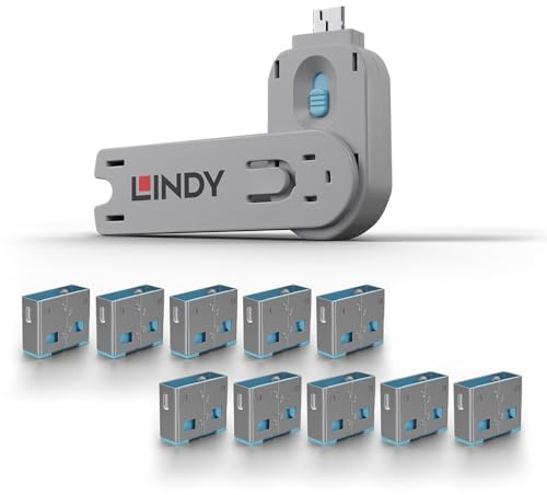 Lindy USB Type A Port Blocker- Pack of 10 Blockers + Key, Blue