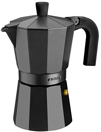 Monix Vitro Noir Cafetera italiana de aluminio 1 taza, apta para todo tipo de cocinas salvo inducción, mango termoresistente