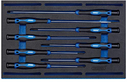 Draper 63399 Lot de 8 tournevis de précision extra longs avec plateau en EVA 1/4, Bleu