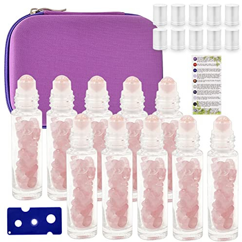Essential Oil Roller Bottle EVA Carrying Travel Case and 10pcs Essential Oil Gemstone Roller Ball Bottles Frosted Glass Inside 10ml Healing Crystal Chips Feng Shui Roller, Rose Quartz, Modern