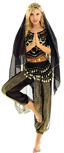 ranrann Damen Bauchtanz Orientalischer Tanz Kostüm Oberteil Hose Kopftuch Hüfttuch mit Münzen Arabischene Verkleidung Tanzkostüm für Performance Auftritt Schwarz Einheitsgröße