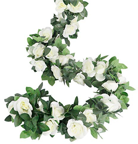 LESING Rosengirlanden künstliche Rosenranken, 4 Stück, künstliche Seidenblumen-Girlanden mit grünen Pflanzen, Hochzeit, hängende Blumenranken, Girlanden für Zuhause, Büro, Bogen, Gartendekoration