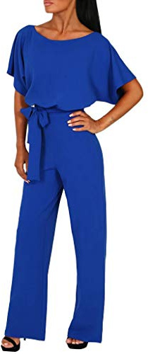 Kanpola jumpsuit dam elegant lång overall festlig bröllop sommar kortärmad/långärmad lekdräkt brett ben sparkdräkt med tofs, 11-blå, 40