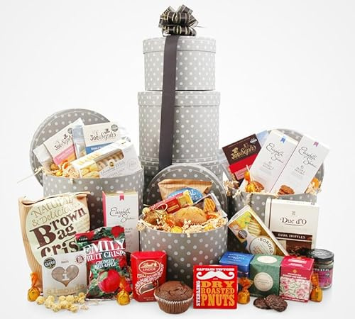 Sweet & Savoury Snacks Giant Gift Tower | Massive 26-Piece Gourmet Food Hamper with Award-Winning Biscuits, Crisps, Tea & Chocolates | 3-Tier Hat Box Set