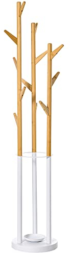 HOMCOM Garderobenständer, Kleiderständer mit 12 Haken und Schirmständer, Garderobe in Baumform, moderner Jackenständer für Kleidung, Hut, Tasche, für Wohnzimmer, Schlafzimmer, Bambus, Natur+Weiß