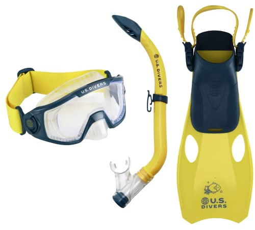 U.S. Divers Avila Kid II Snorkel Set - Curved 1-Window Lens, Splash Guard Snorkel, Easy Adjust Fins Buckles - Play Series | Unisex Children, Large/X-Large (Ages 4+), Navy Blue/Yellow (SR3920407LXL)