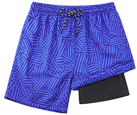 Dancinova Badbyxor pojkar badshorts barn kompression foder badshorts 3D-tryck snabbtorkande simbyxor med boxershorts foder 7–14 år, Lapptäcke ränder, 10-12 År