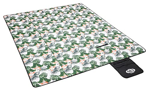 NILS CAMP Picknickdecke Outdoor - Camping Decke mit Tragegriff - Faltbar Picknickmatte - Praktisch Stranddecke - wasserdichte und Sanddichte Unterseite - 200 x 220 cm  - Grün mit Flamingo