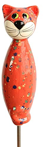 Gartenfigur Katze aus Keramik 30 cm Dekofigur getöpferte Gartendeko rot