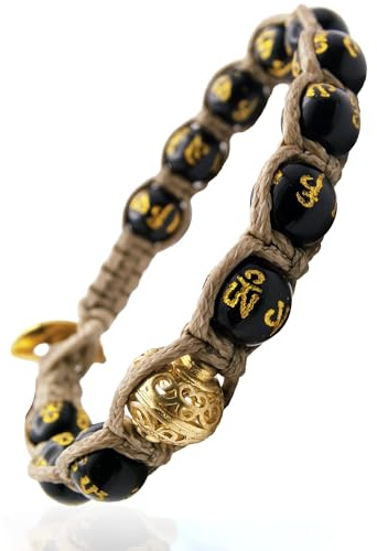 Samsara - Bracciale Tibetano Buddista Shamballa | Pietra Onice Lucido e Mantra Oro | Regolabile 18,5-22,5 cm | Chakra, Bracciale perline, Nero, Cotone