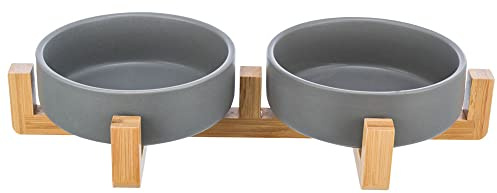 TRIXIE - Futterspender-Set, Keramik/Holz, rutschfest, 0,3 l/31 × 6 × 16 cm, grau