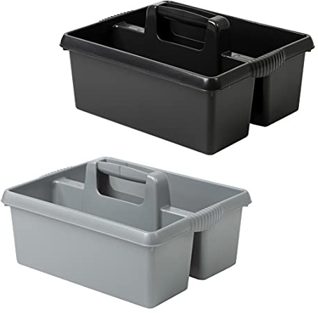 (Set of 2) Cleaning Caddy with Handles Plastic Caddy Tidy Cleaners Carry All Tote Tray Basket with Multi Compartment Cleaning Tool Utility Caddy Kitchen Sink Bathroom (Silver + Black)