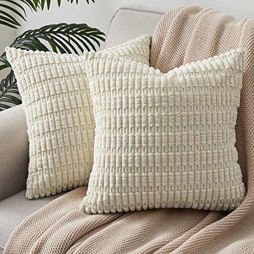 Topfinel Cream Cushion Covers 45cm x 45cm,Corduroy Decorative Fluffy Pillows Cases,Cushions Cover 18x18 inches with Invisible Zipper for Sofa Bed Livingroom Bedroom,Pack of 2