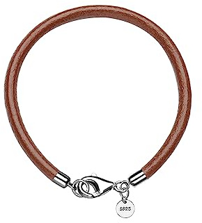 Pulsera de cuero F.ZENI 925 plata de ley con cierre de mosquetón, cuero genuino, pulseras de 4 mm de ancho para mujer y hombre, pulsera para colgantes de dijes, 20-21 cm, pulseras de cordón de cuero
