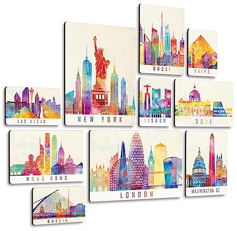 Giallobus - Conjunto de 10 pinturas de paneles múltiples - Ciudad - Ciudad colorida - Madera de MDF - | 2 x 42x29,7cm | 4 x 29,7x21cm | 4 x 21x14,85cm | - Listo para colgar - Cuadros