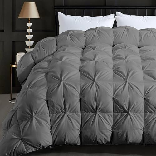 ELNIDO QUEEN® Feather Comforter King Size Duvet Insert, Luxury Fluffy Grey Pinch Pleat Design - All Season Hotel Collection Cotton Bed Comforter with 8 Tabs, King 106x90 Inches