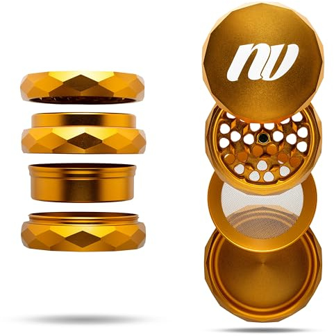 Pyramid Grinder, 4-Piece with Pollen Screen, Ø63mm, Includes Protective Bag, Pollen Scraper and Cleaning Brush (Gold)