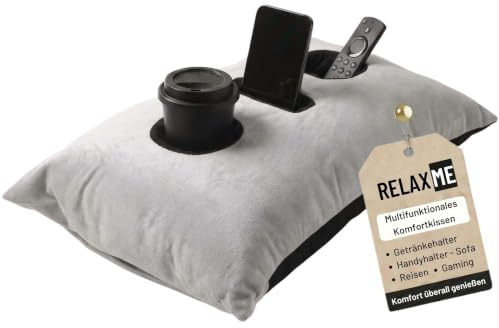 Nurtextil24 Relax ME Kissen Getränkehalter Sofakissen 40x60 cm Grauschwarz | Multifunktional Allzweckkissen -Tablett & Getränkebehälter- Tolles Geschenk Idee - Sofakissen, Kopfkissen, Reisekissen