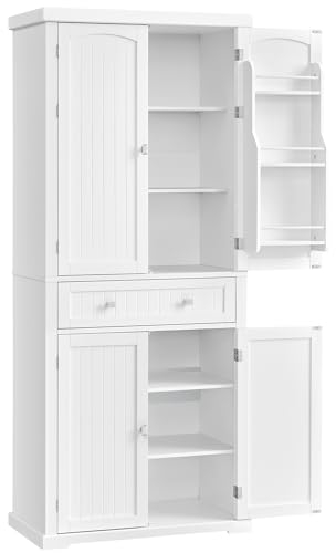 VASAGLE Küchenschrank, Hochschrank Küchenbuffet Vitrinenschrank, Buffetschrank mit Verstellbaren Ablagen, Esszimmerschrank mit Schubladen, für Wohnzimmer Küche, 40 x 76 x 182,1 cm, Weiß BBC561W21