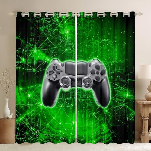 Schwarzer Gamepad Fenster Vorhang,Videospiele Vorhänge Kinder Teens Jungen Gamer Schlafzimmer Dekor,Neon Grün Geometrische Linien Fenstervorhänge Mode Gaming Fenster Vorhänge,2 Panels,XXL Größe