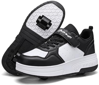 ENEN Kids Roller Skate Shoes for Boys Girls, Skateboarding Shoe Outdoor Parkour Shoes with 2-Wheels Unisex Retractable Skating Shoes for Children's Park Sports Walking Black White