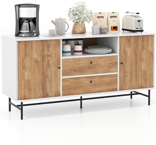 COSTWAY Buffet Cuisine avec 2 Tiroirs et 2 Portes Coulissantes | Armoire Cuisine avec Compartiment, 1 Passe-câble, Meuble TV pour Salon, 150 x 45 x 74 cm