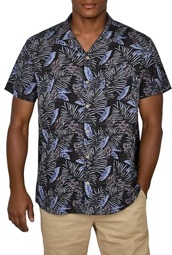 riverso Hawaii Hemd Männer Kurzarm RIVMick Regular Fit Hemd Sommerhemd Hawaiihemd Brusttasche Blumen, Größe:5XL, Farbe:Leaves Black