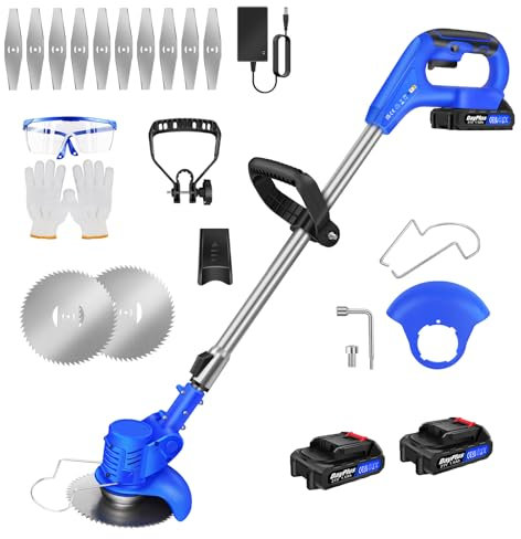 Akku Rasentrimmer mit Akku 21V Akku Freischneider, Elektro Motorsense mit 1X1.5Ah Akku & Ladegerät, Multitool Rasentrimmer mit Messer 90-120cm Teleskop Rasenkantenschneider, Blau