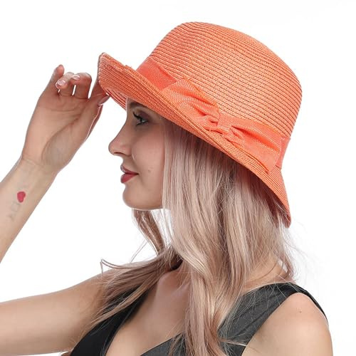 Generisch Damen Strohhut Fedora Trilby Hüte Eleganz Panama Hut mit Bowknot Faltbar Sommerhut Sonnenhut UV-Schutz Strandhut mit Breite Krempe für Strand, Urlaub, Reisen