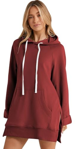 The Warmy Oversized Hoodie-klänning, Hoodies-klänning för kvinnor, Enfärgad Mellanlängd Lös Slit Hood-tröja (Storbritannien, Alpha, M, Vanlig, Vanlig, Röd)