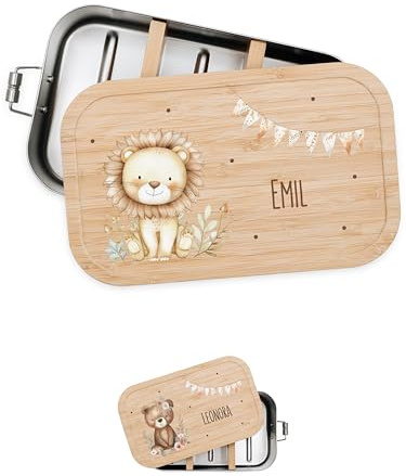 Bärenfreunde® - Personalisierte Brotdose für Kinder mit Spezial-Druck - Robuste Edelstahl Brotdose - Personalisierte Geschenke für Kinder & Erwachsene (Löwe Zweige Girlande,klein Weißblech)