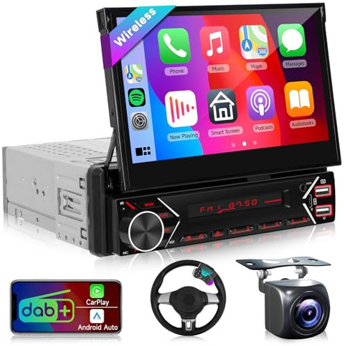 Single Din Radio with DAB Wireless Carplay Android Auto, Podofo 7 inch HD IPS Motorized Flip Out Touch Screen Bluetooth Car Stereo, Mirror Link/FM/AHD Backup Camera/SWC/Aux/USB+Type-C Ports