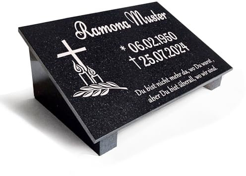 Granit Grabplatte Grabtafel personalisiert Grabstein mit Stützen, Motiv Gravur wetterfester Inschrift Gedenktafel, Grabkissen MA9 (30x20cm mit Stützen)